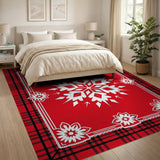 Festive Red Plaid Snowflake Area Rug