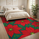 Vibrant Red Poinsettia Teal Pattern Area Rug