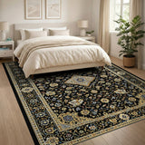 Black Persian Area Rug with Gold Floral Medallion