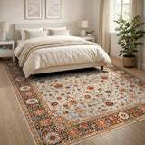 Ivory Persian Floral Area Rug with Orange Navy