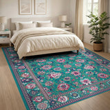 Teal Persian Floral Area Rug with Pink Blooms