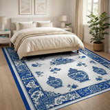 ODIKA Chinoiserie Blue and White Ginger Jar Washable Area Rug - Low Pile & Non-Slip