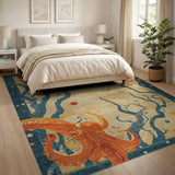 Whimsical Orange Octopus Teal Branch Area Rug