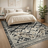 Beige and Neutral Black and Beige Heritage Tribal Area Rug