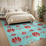 Red Scallop Shells Teal Geometric Coastal Rug