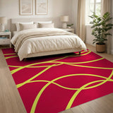 Vibrant Red Abstract Wavy Yellow Line Rug