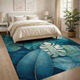 ODIKA Washable Teal Tropical Monstera Leaf Area Rug - Low Pile Non-Slip Carpet