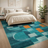 Teal Geometric Abstract Area Rug with Orange Accents