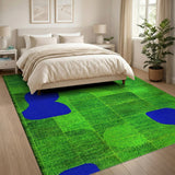 Green Grid Abstract Area Rug with Blue Shapes