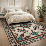 Ornate Teal Border Persian Area Rug
