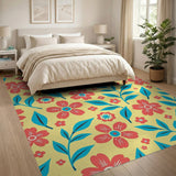 Sunny Yellow Rug with Red Flowers and Teal Leaves