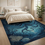Washable Blue Octopus Ocean Area Rug - Non-Slip Low Pile
