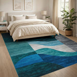 Teal Blue Abstract Wave Geometric Rug