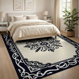 Ornate Black Medallion Cream Area Rug