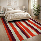 Bold Orange Maroon Cream Striped Area Rug