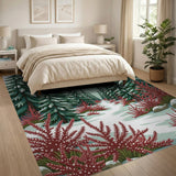 Snowy Pine Forest Path with Red Shrubs Area Rug