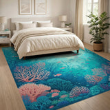 Washable Ocean Coral Reef Area Rug, Teal & Pink Low Pile Coastal Decor