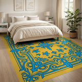 Ornate Blue Fleur-de-Lis on Yellow Area Rug