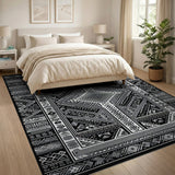 Black White Heritage Tribal Geometric Black and White Rug