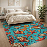 Vibrant Seashell Starfish Teal Coastal Rug