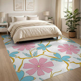 Whimsical Pink Flowers Blue Leaves Area Rug