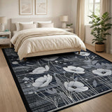 White Poppy Floral Area Rug on Charcoal Grey