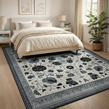 Black Peony Floral Ivory Area Rug