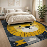 Cute Cartoon Lion Kids Area Rug in Yellow Grey