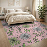 Pink Daisy Palm Leaf Floral Area Rug