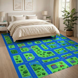 Vibrant Kids Cartoon City Road Play Rug
