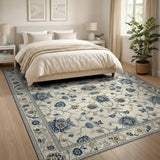 Blue Floral Persian Area Rug on Ivory