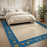 Ornate Blue Gold Floral Border Area Rug
