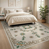 Elegant Beige Floral Border Rug with Teal Daisies