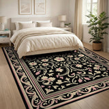 Elegant Black Floral Vintage Area Rug with Pink Accents