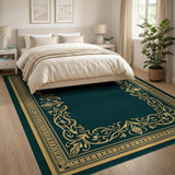 Deep Teal Area Rug with Ornate Gold Border