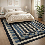 Blue Grey Geometric Plaid Frame Area Rug