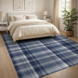 Navy Blue Plaid Washable Area Rug - Low Pile & Non-Slip