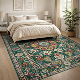 Vibrant Green Persian Floral Medallion Rug