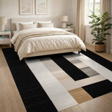 ODIKA Modern Washable Geometric Area Rug - Black & Tan Low Pile Non-Slip Carpet