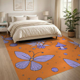 Orange Boho Rug with Purple Butterflies Mushrooms
