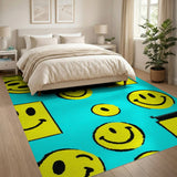 Playful Yellow Smiley Faces Teal Area Rug