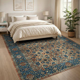 Persian Medallion Area Rug with Navy Blue Border