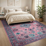 Vibrant Pink Persian Area Rug with Teal Motifs