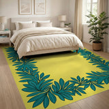 Vibrant Yellow Area Rug with Teal Leaf Border