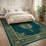 Teal Fern Leaf Rug with Ornate Gold Borders