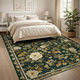 Vintage White Peony Green Area Rug