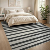 Bold Black White Horizontal Striped Woven Rug