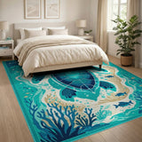 Teal Sea Turtle Coastal Blue and Teal Area Rug