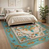 Teal Gold Ornate Floral Medallion Rug