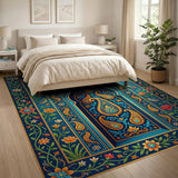 Teal Paisley Arch Rug with Birds Roses